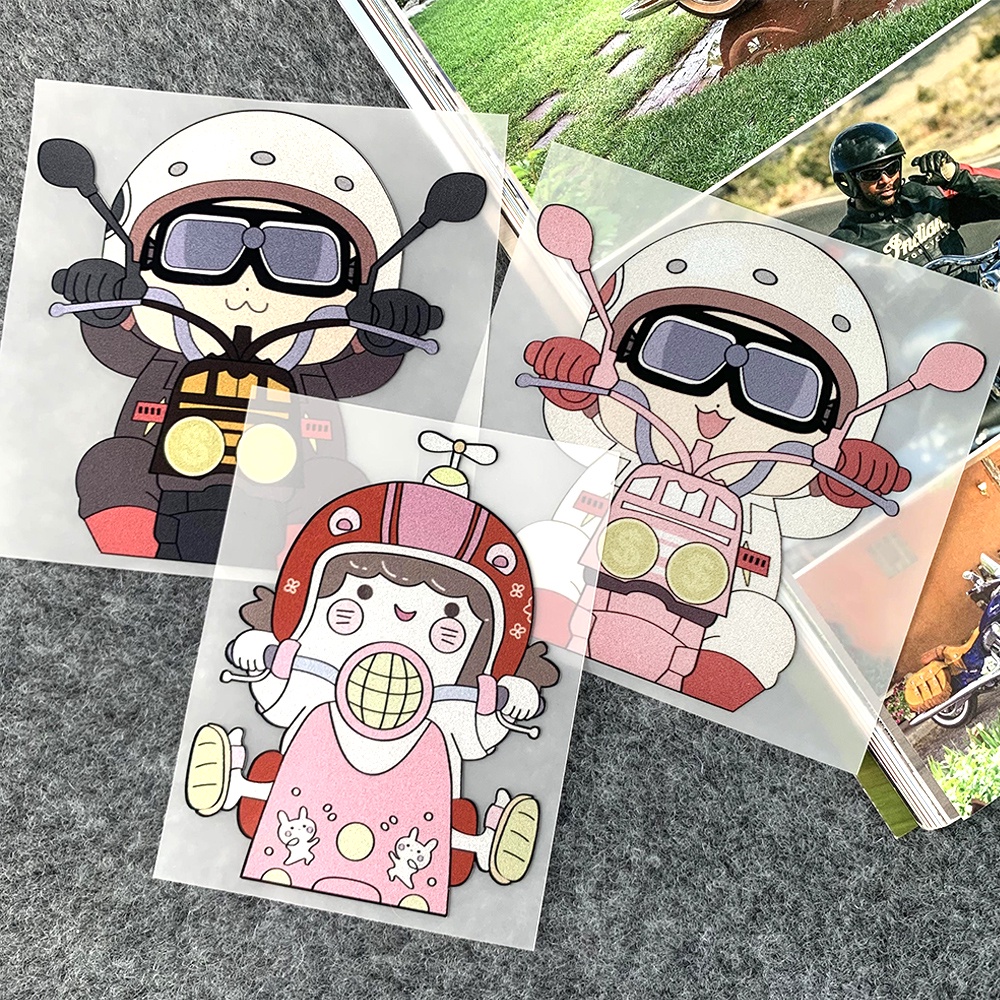 Motorcycle Girl Boy Cute Reflective Sticker Riding Forward Bike ...
