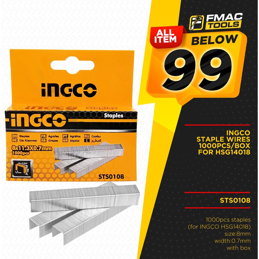 BELOW 99 INGCO Staple Wires 1000pcs/box STS0108 for HSG14018 FMAC TOOLS ...