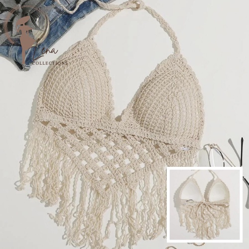Fringe Hem Halter Crochet Bikini Top with PAD Crochet Top beachwear top ...