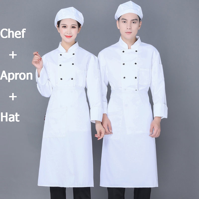 Set Chef + Apron + Hat Chef Uniform Long Sleeve Shirt Men Woman ...