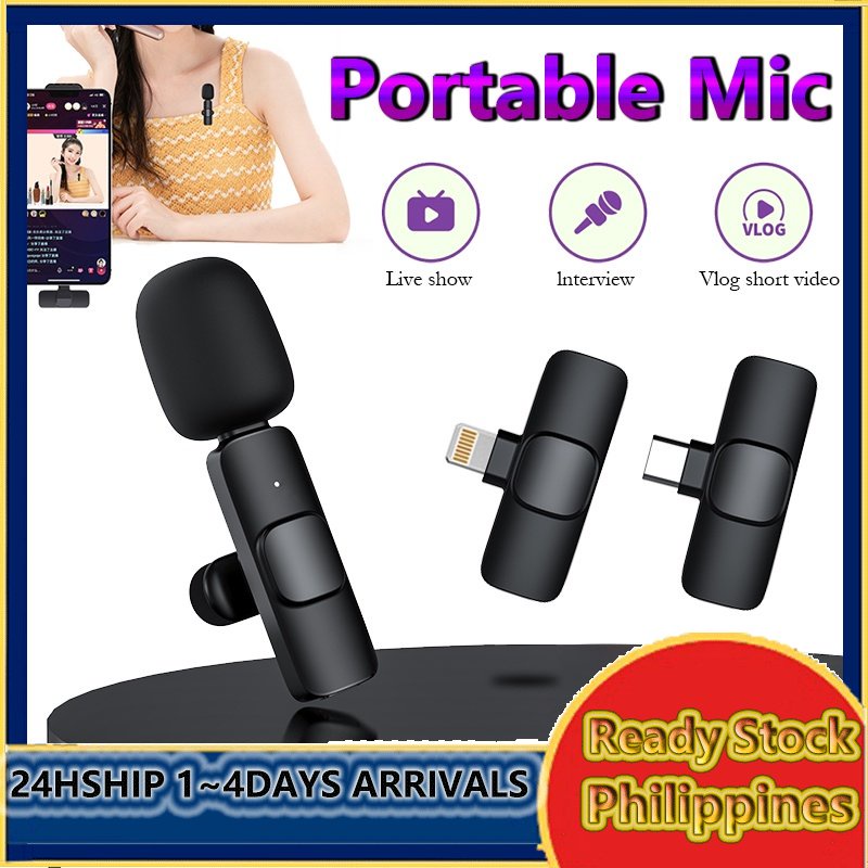 Wireless Lavalier Microphone Mini Mic Vlog Recording For Phone Android ...