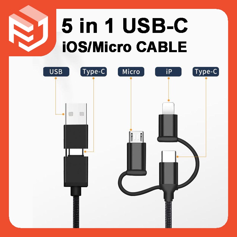 5in1 Alloy PD USBC Fast Charging Cable 60W TypeC Cable Micro USB Data ...