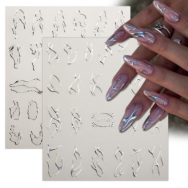 Silver Metal Lines Nail Stickers 3D Wave Vine Curve Stripe Lines Tape ...