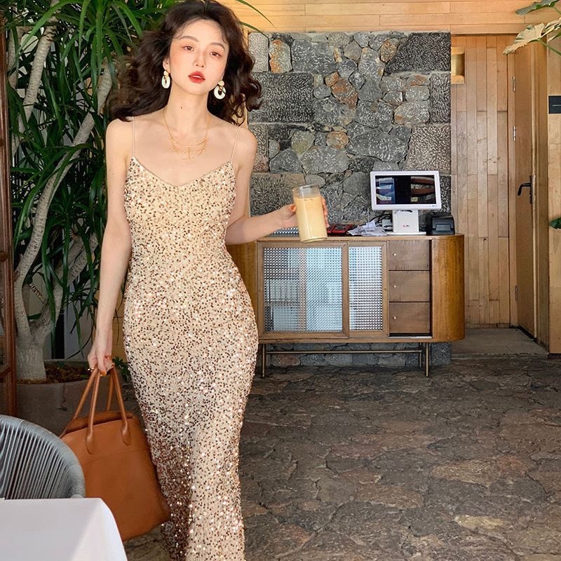 Korean Red Sequin Fishtail Prom Evening Bodycon Midi Dress 003 | Shopee ...