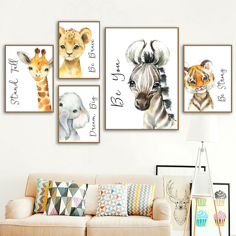 Nordic Art Watercolor Animals Poster Wall Art Elephant Lion Giraffe ...