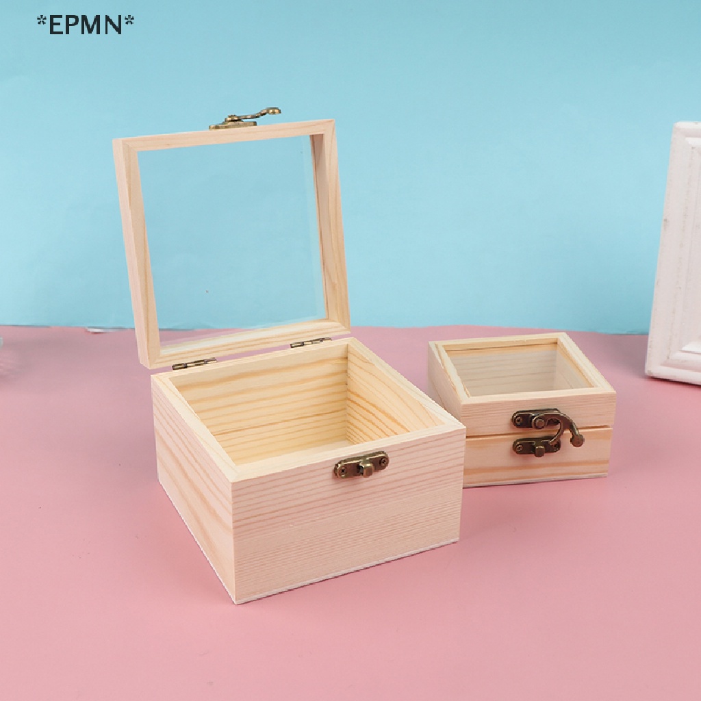 EPMN Wooden Storage Box Plain Wood With Lid Multifunction Square Hinged
