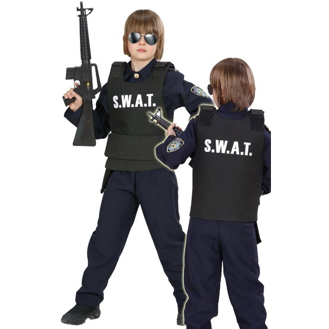Kids Police Swat Bulletproof Vest & Swat Cap Hat Costume Fancy Dress