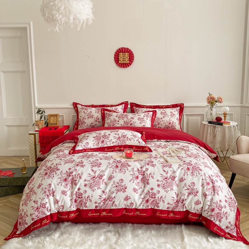Luxury Wedding bedding 1200TC Skin friendly Cotton Red Bedsheet Set