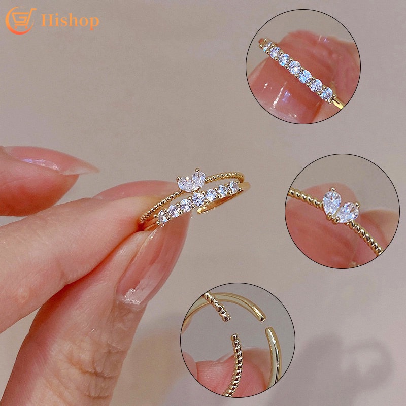 2pcs/set Elegant Zircon Ring Set for Women Heart Gold Rings Fashion  Accessories Jewelry