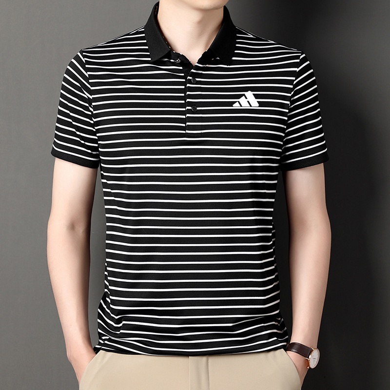 2023 Men's Polo Shirt Pure Cotton Stripe Short Sleeve Top Shopee