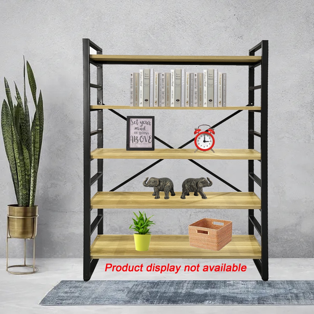 WODEN Industrial Bookshelf Double Wide 5 Tier Large Open Shelves Wood