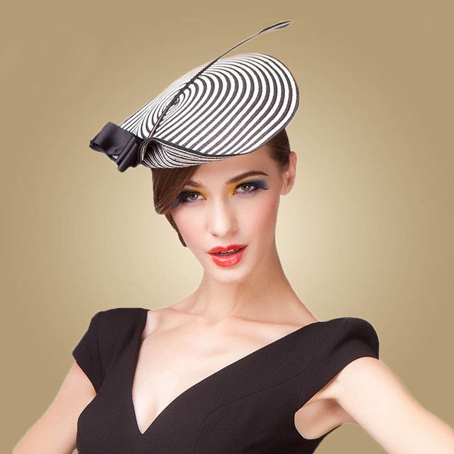 FS Fascinator Wedding Hats For Women Elegant Black White Feather Striped  Cupid Pillbox Hat Vintage Cocktail Lady Church Fedoras