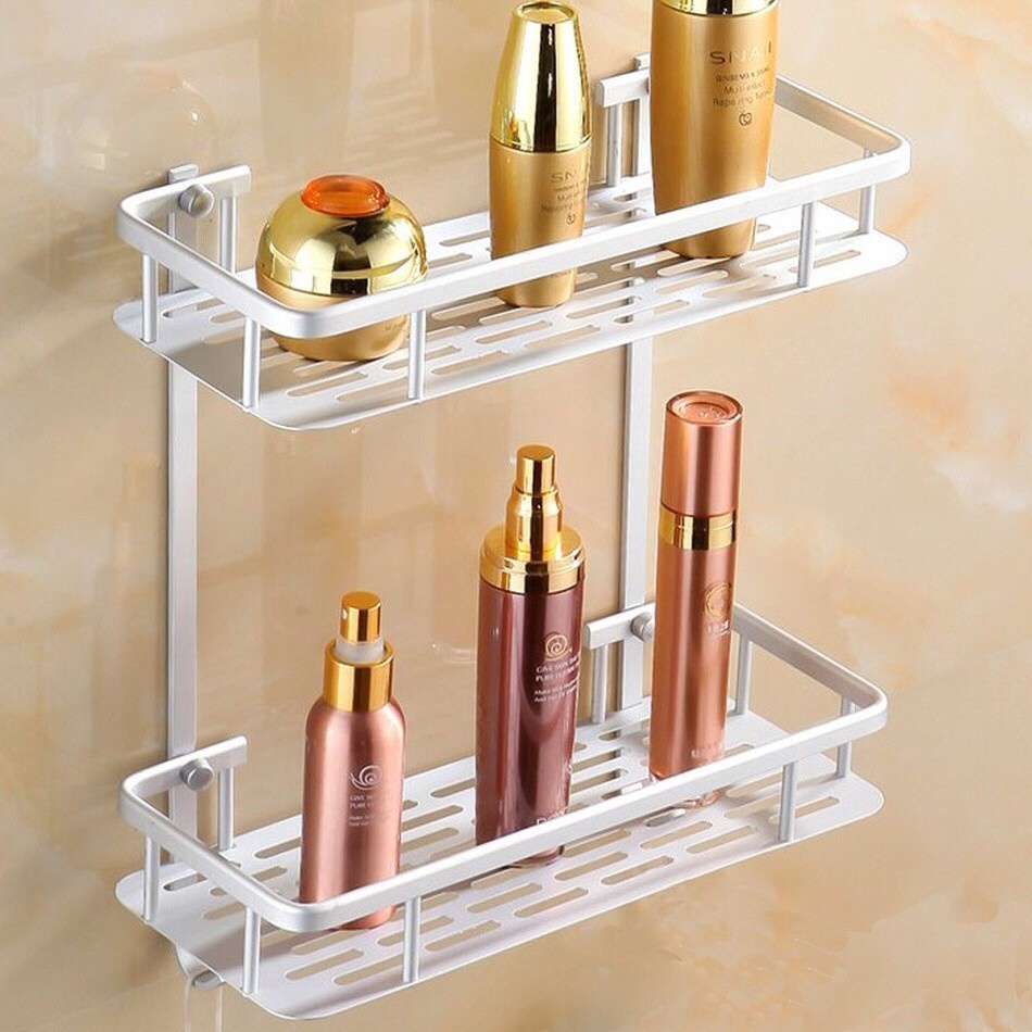 LUCKYU 2Layer Aluminum Wall Mounted Bathroom Organizer Rack With Hook ...