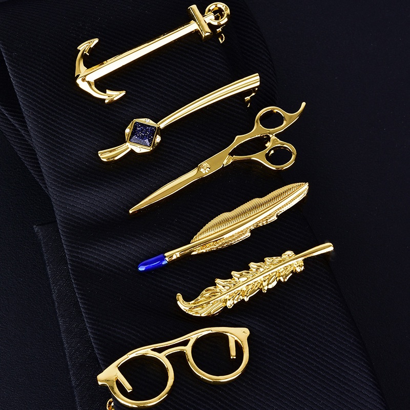 Men Luxury Tie Clip Anchor Feather Glasses Scissors Crystal Pen