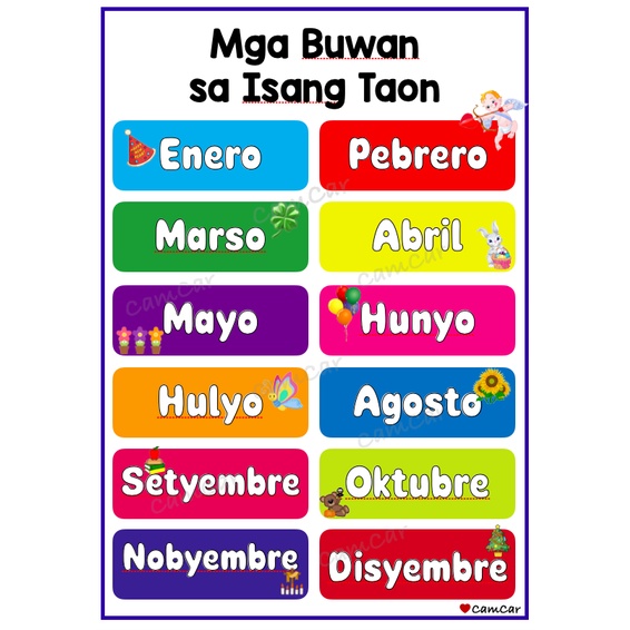 Laminated Wall Chart - English Filipino Tagalog - color, shapes, days ...
