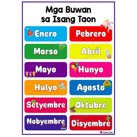 Laminated Wall Chart - English Filipino Tagalog - Color, Shapes, Days 