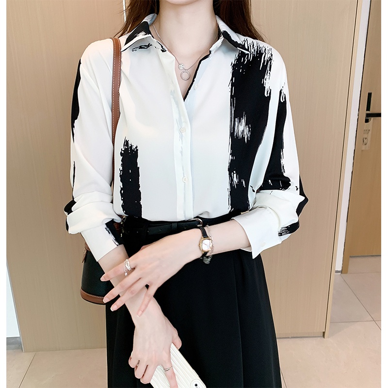Ready stock long-sleeved women's blouse with oil painting print and ...