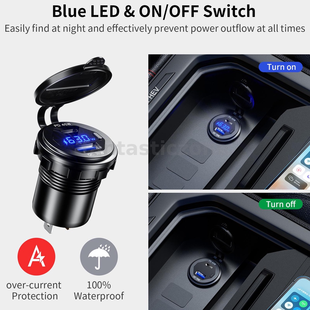 12-24V 63W Metal Car Charger Socket 45W PD + 18W QC3.0 with LED Voltage ...