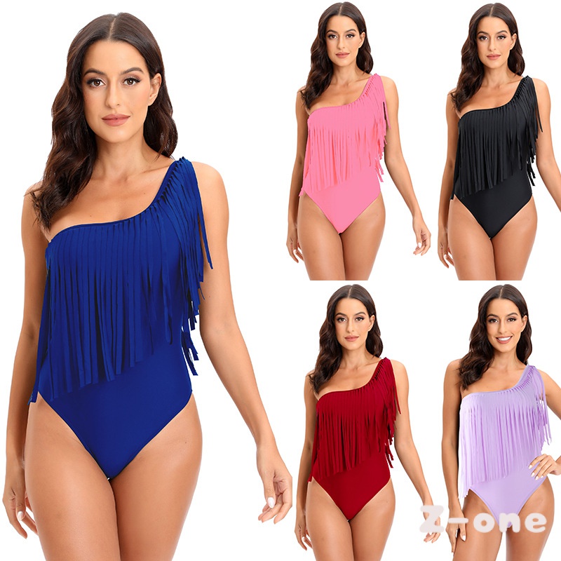 New Deep Plunge V Neck Fringed Cut Out One Piece Swimsuit Trikini Women Halter Backless Tassel
