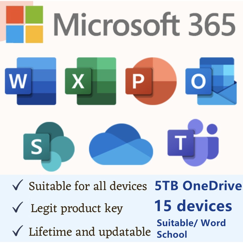 [15 Devices] LIFETIME MICROSOFT OFFICE 365+ONEDRIVE 5TB LICENSE For