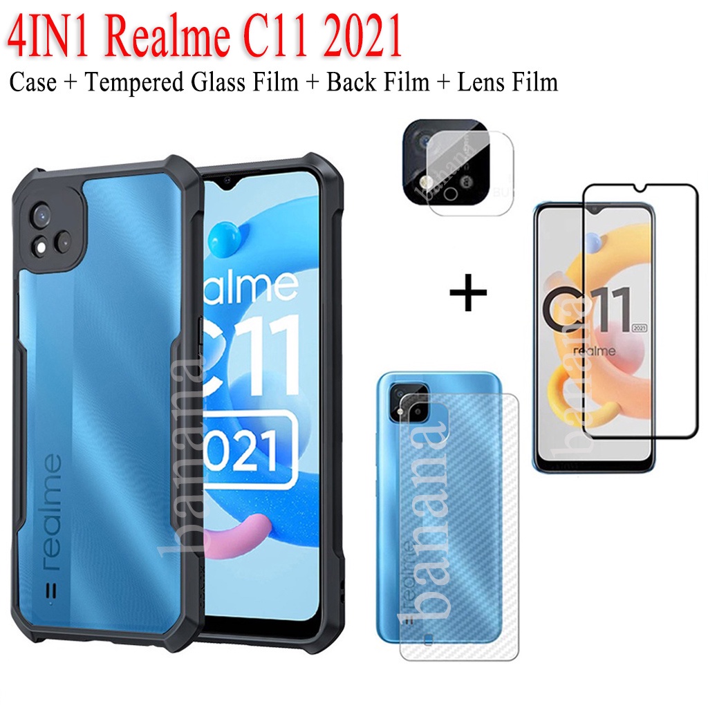 (4IN1)Realme C11 2021 Shockproof Phone Case tempered glass film carbon  fiber back film lens film