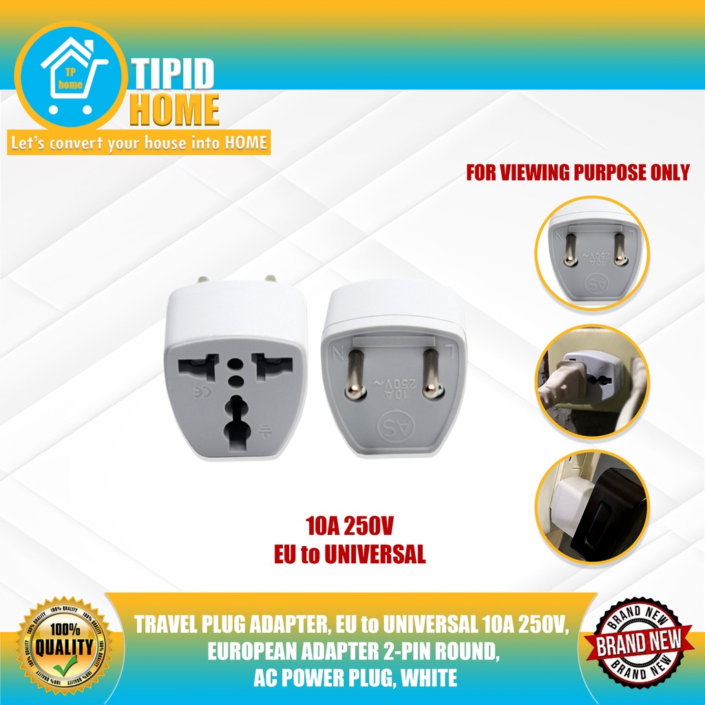 TRAVEL PLUG ADAPTER, EU to UNIVERSAL 10A 250V, EUROPEAN ADAPTER 2-PIN ...