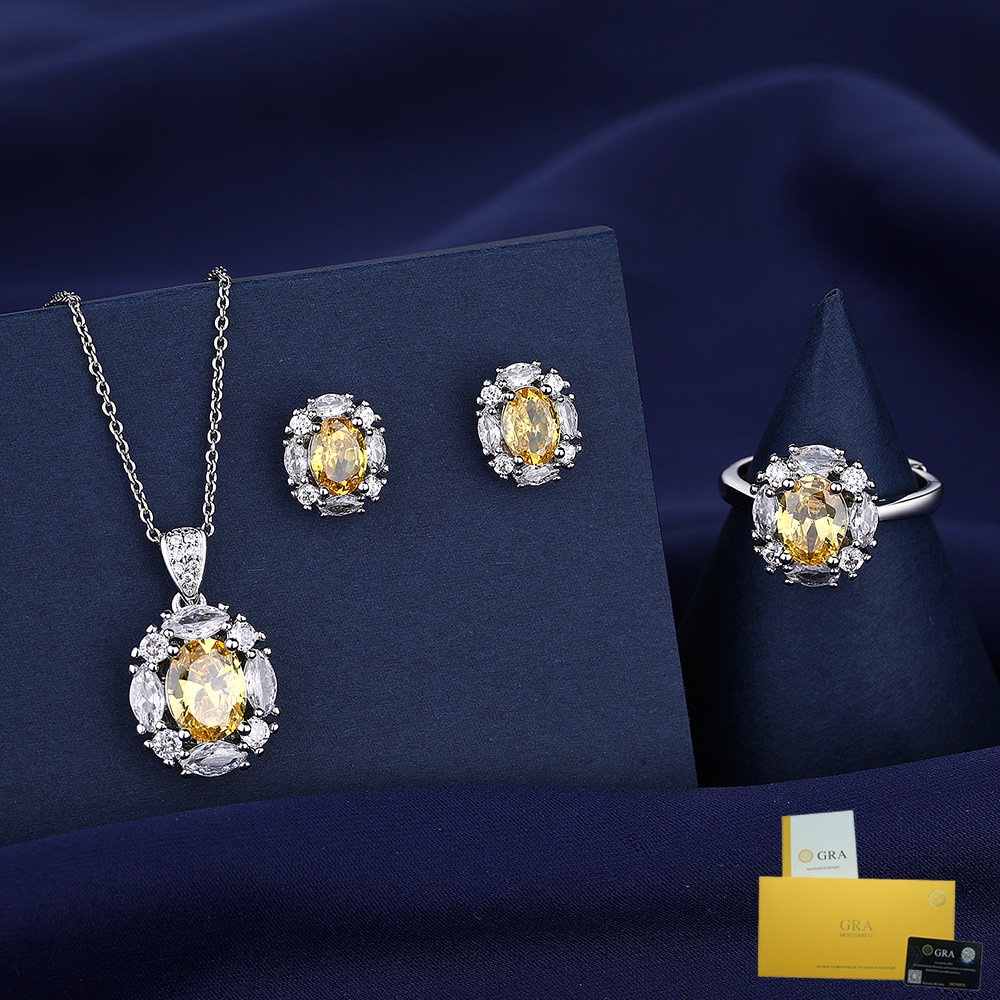 [with Gra Certificate] Yellow Diamond SUNFLOWER Pendant Fashion Citrine  Rings Ear Studs Necklace Jewelry Set