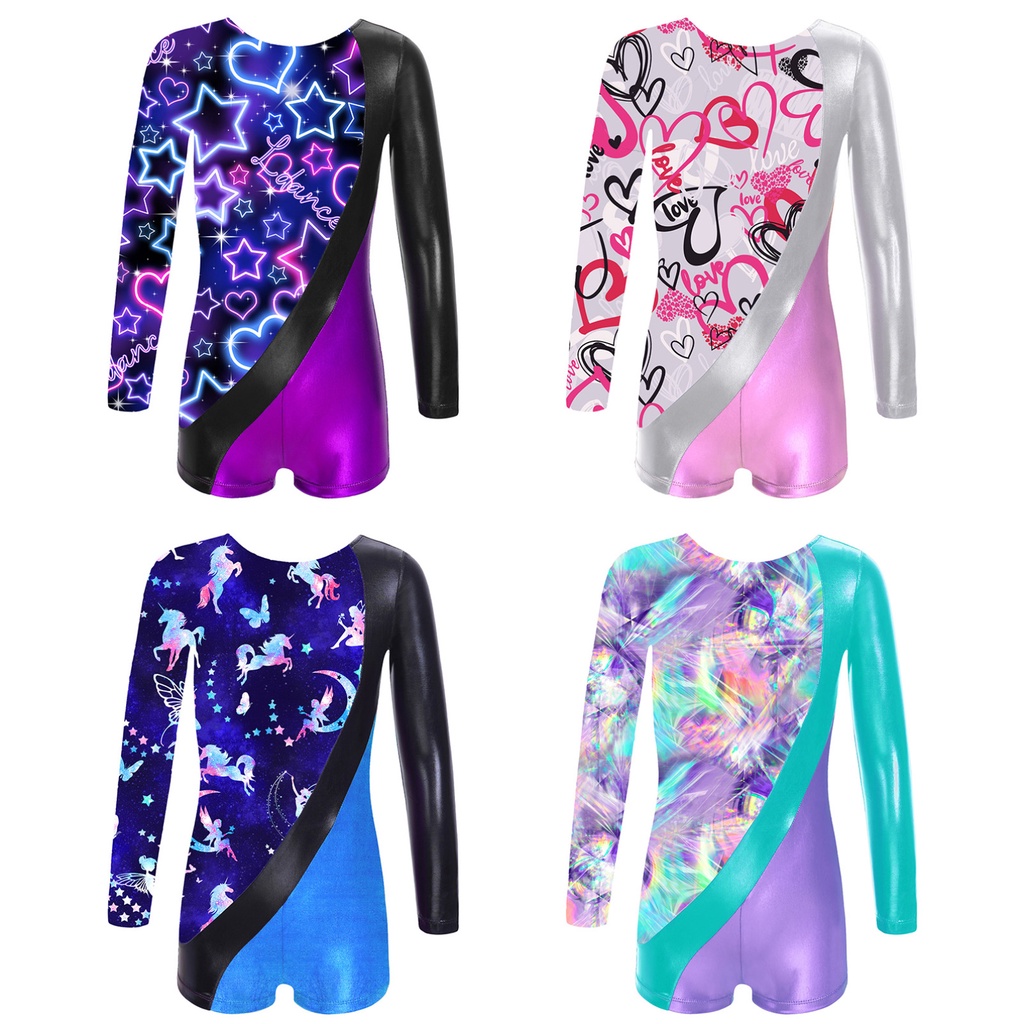 Kids Girls Patchwork Print Gymnastic Leotard Round Neck Long Sleeve ...