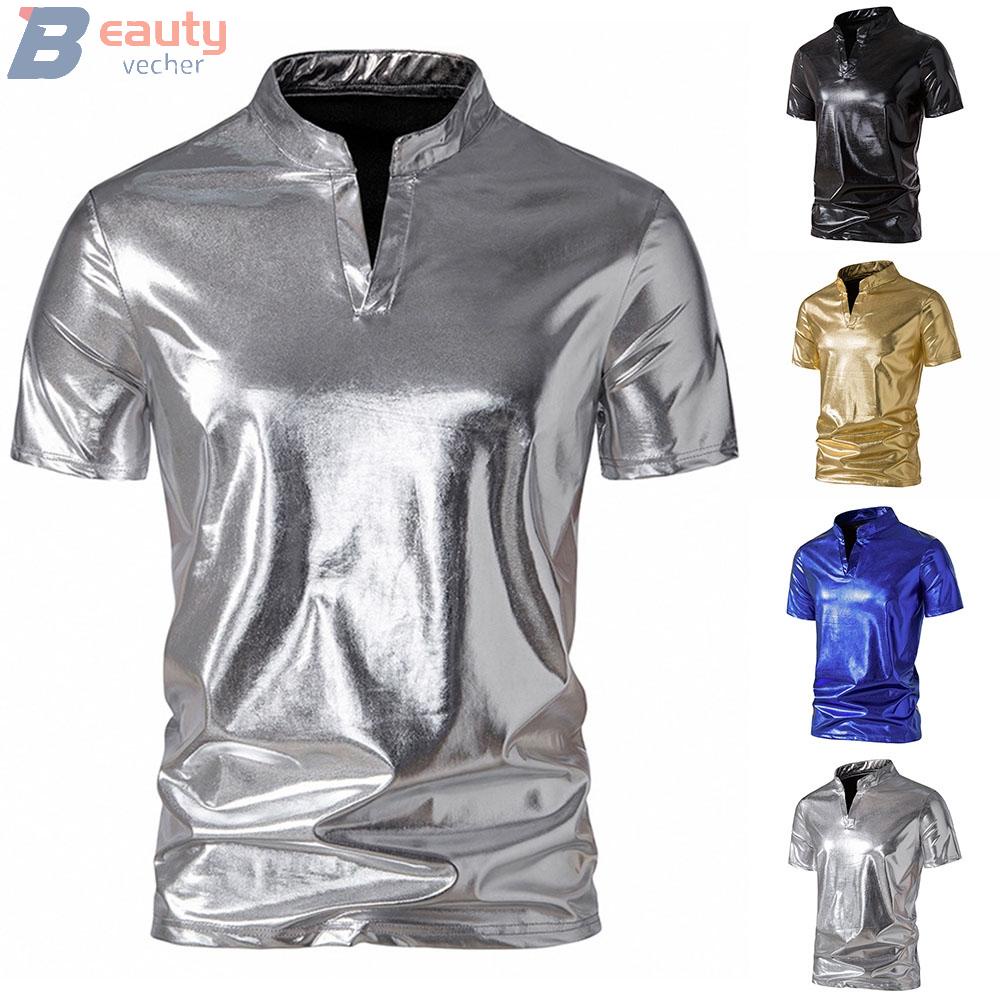 Mens T-shirt Nightclub Polyester Shiny Shiny Dancer Short Sleeve Summer ...