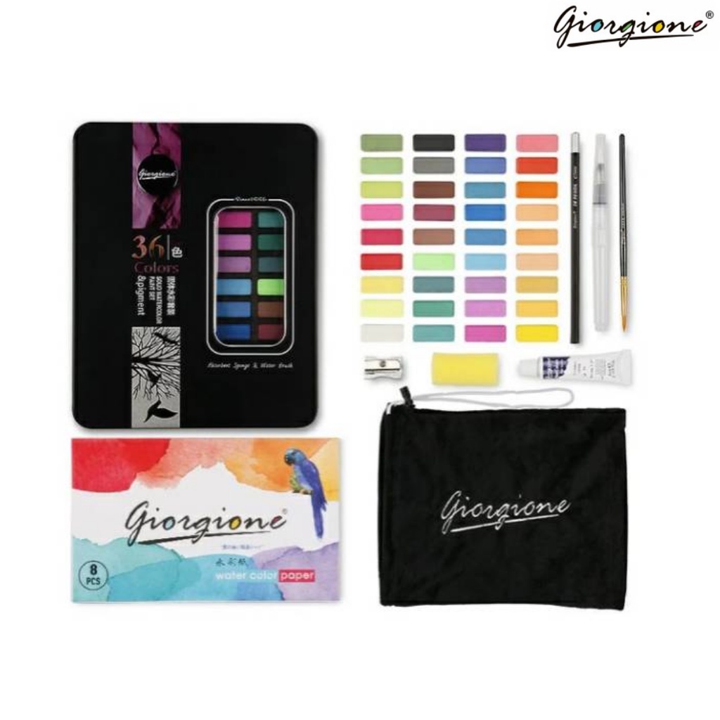 Watercolor Paint Set 36 Colors Tin Can Box Dust Bag. Solid