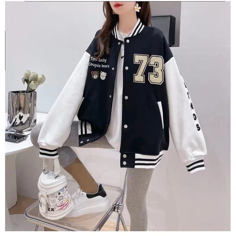 Women Fashion Baseball Jacket Loose Bear Letter Baseball Uniform Korean ...