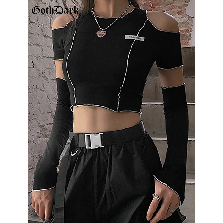 Goth Dark E-girl Style Patchwork Black T-shirts Gothic Open Shoulder ...