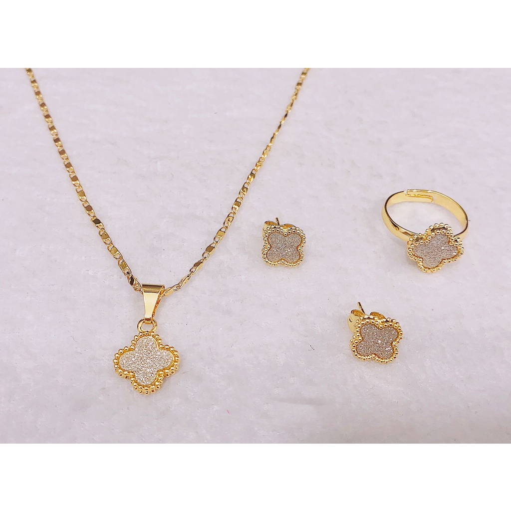 14k Bangkok Gold Class A 3in1 Set Earrings Necklace Ring Adjustable