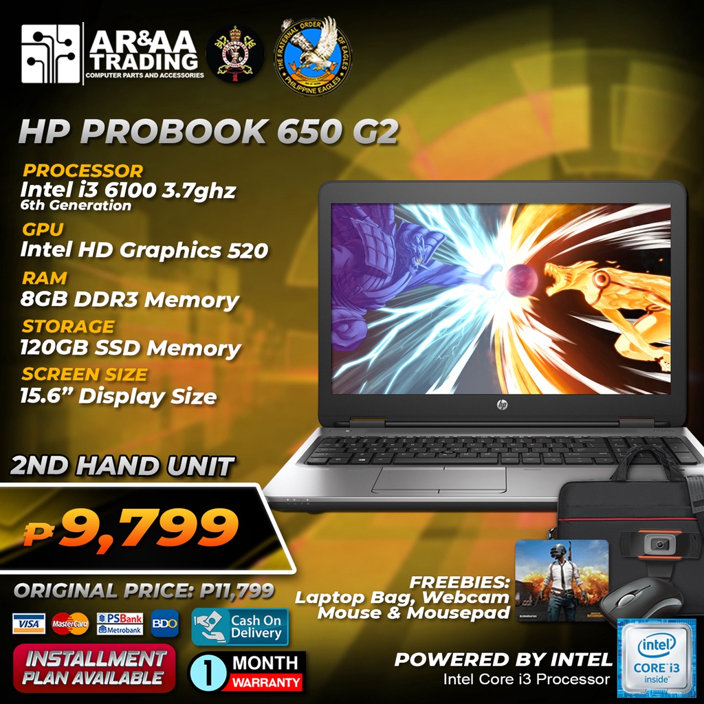Laptop Hp Probook 650 G2 Intel Core I3 6100u 37ghz 8gb 120gb Ssd 6th Generation Shopee 7303