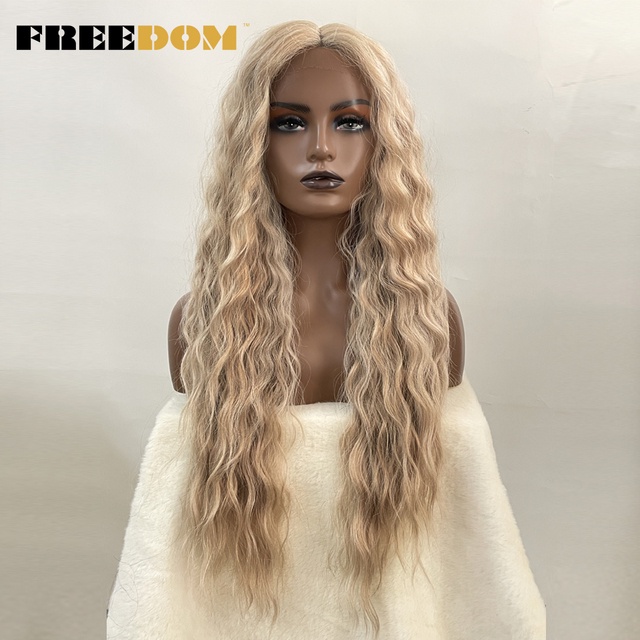 FREEDOM Synthetic Lace Wigs Ombre Blonde Ginger Long Deep Wavy Wigs
