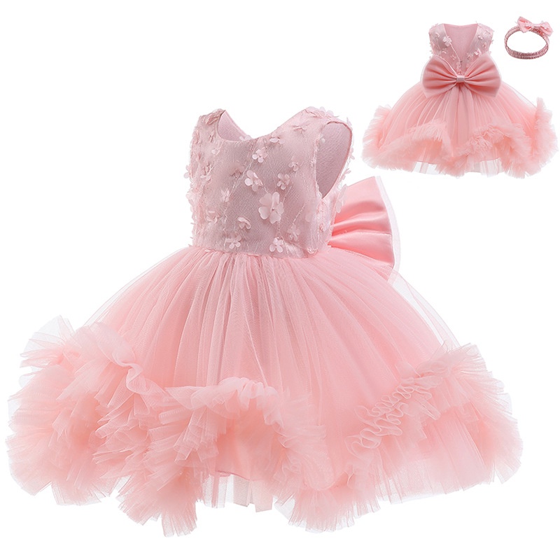 Pink Floral Tutu Dress for Baby Girl Kids Fashion Big Bowknot Gauze