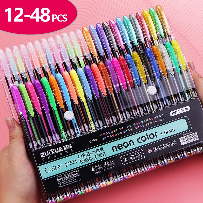 48 Color/Set Glitter Sketch Drawing Color Pen Markers Gel Pens Set Refill  Rollerball Pastel Neon Marker Office School Stationery
