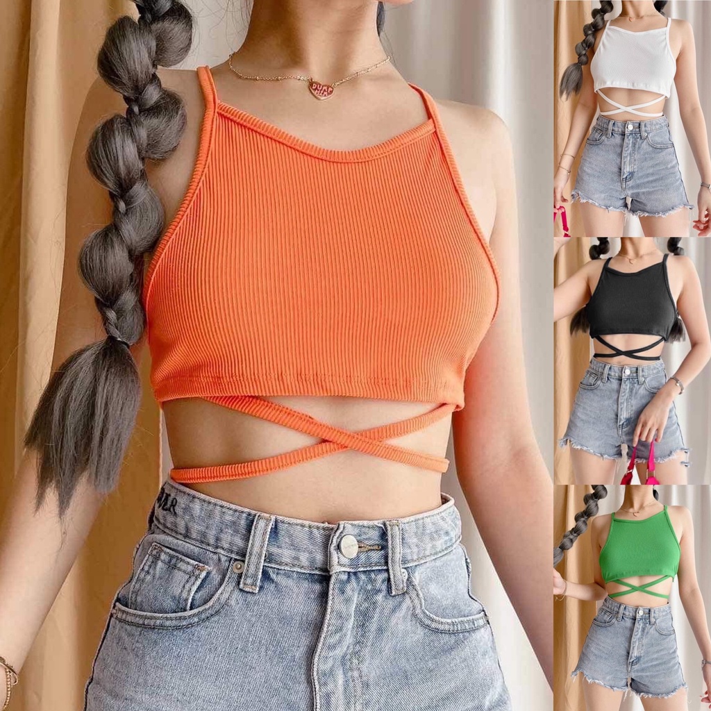 Angelcity Sexy Sando Summer Crop Top Spaghetti Tanks Tops With Tie Shopee Philippines 0038