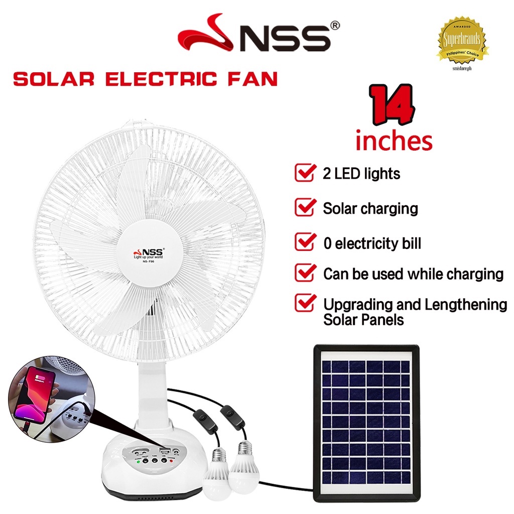 COD ☼NSS solar fan 14" Rechargeable fan 5W solar panel with LED