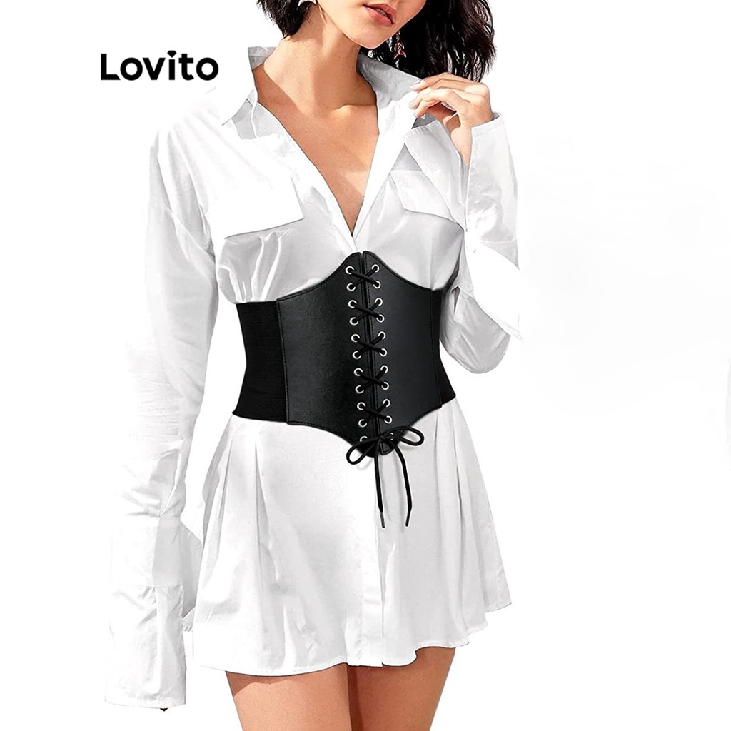 Lovito Casual Plain Drawstring Waist Trimmer Eyelets Lace Up Corsets PU