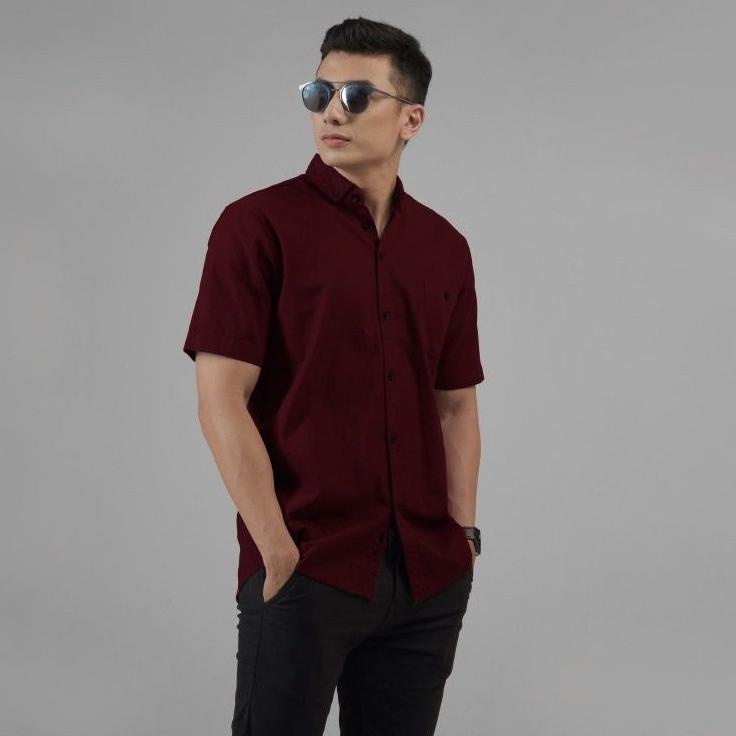 KEMEJA MERAH Men's Plain Short Sleeve Maroon Shirt | Shopee Philippines