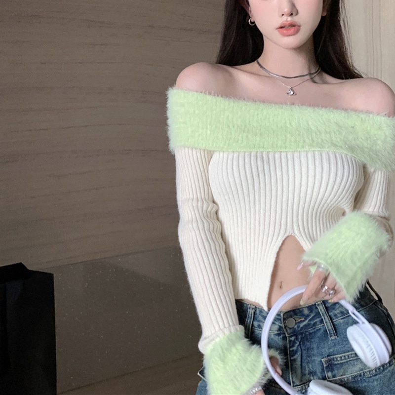 2024 Winter Plush Spliced Off Shoulder Long Sleeve Top Pink Knit Crap   Sg 11134201 23020 Prv6qcxhq2mv00