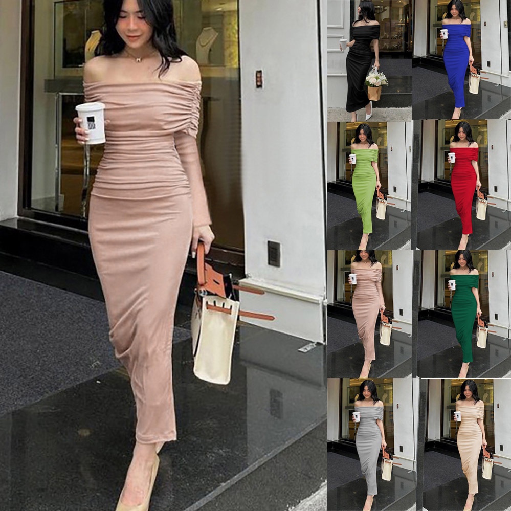 2024 Women Elegant Off Shoulder Pleated Split Maxi Bodycon Dress   Sg 11134201 23020 Qg6u7luhuvnv19