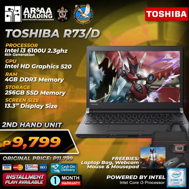 Laptop TOSHIBA R73/D Intel Core i3 6100U 2.3ghz 4gb 256GB SSD 13.3 ...