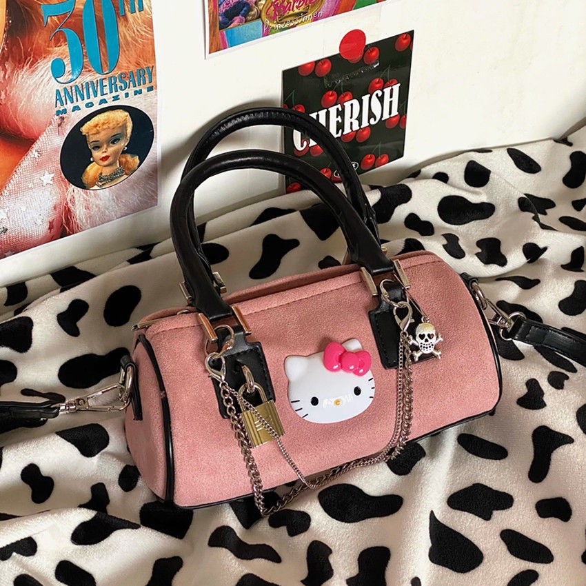 hello kitty bag bags for women HelloKitty Drum Vintage Showa Deerskin Velvet Portable Messenger Pink Shopee Philippines