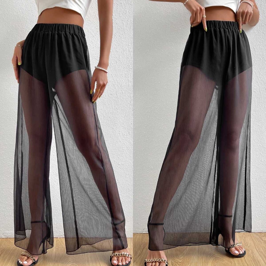 Beach Cover Up High Waist Mesh Overlay Wide Leg Pants Shopee Philippines