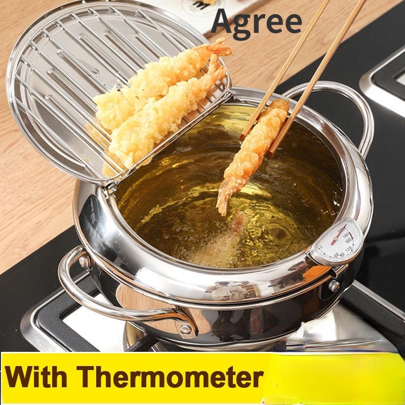 Japanese style 304 stainless steel 24CM deep fryer pot with thermometer