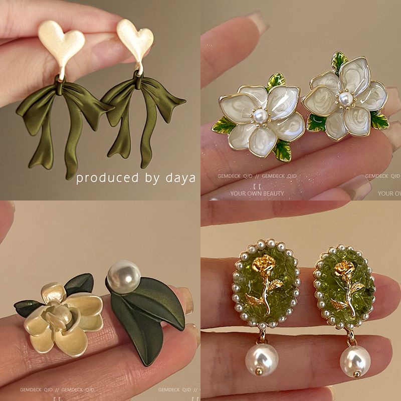 Mori French Retro Style Green Flower Ear Needle Style Women's New ...
