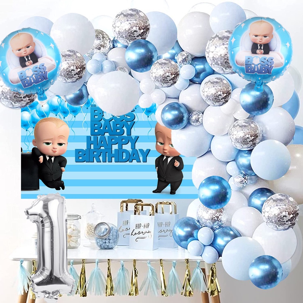 1Set Baby Boss Theme Blue Balloon Garland Arch Kit White Silver ...