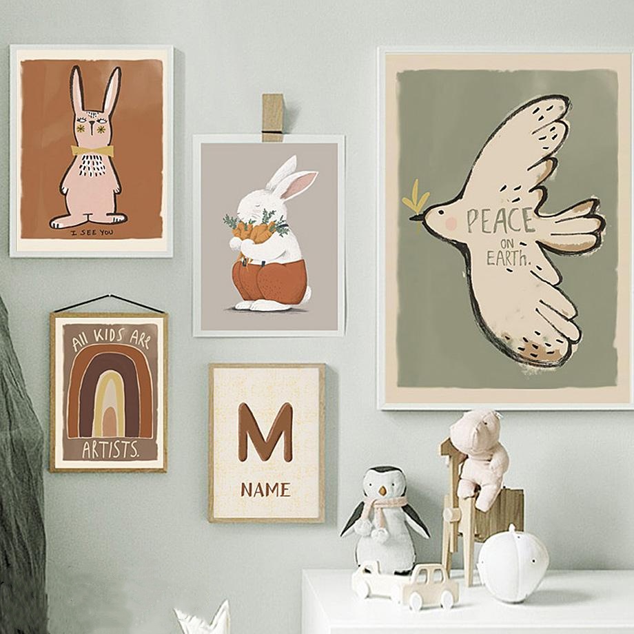 Nordic Cute Cartoon Dove Rabbit Rainbow Abc Canvas Painting Customized ...